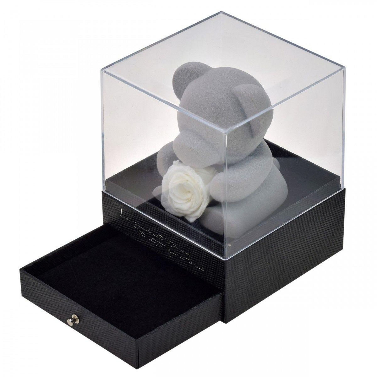 SC CRYSTAL Boite à bijoux ourson décorée d'une rose éternelle - stabilisée banche