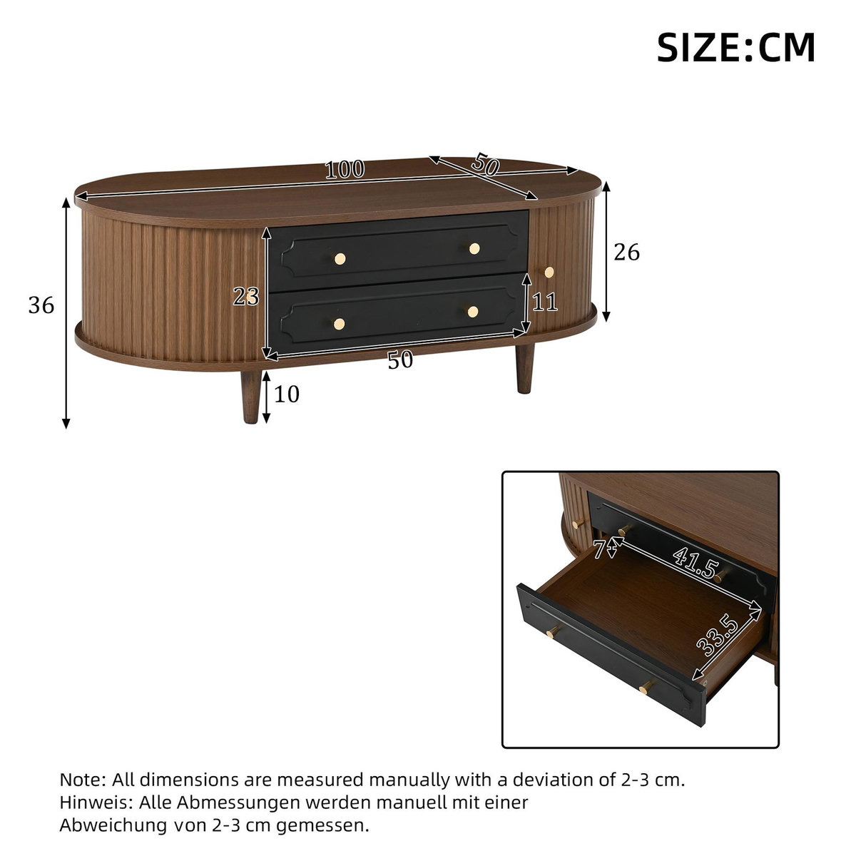 MERAX Table basse ovale noyer+noir avec 2 tiroirs - 50x100 cm panneau de particules