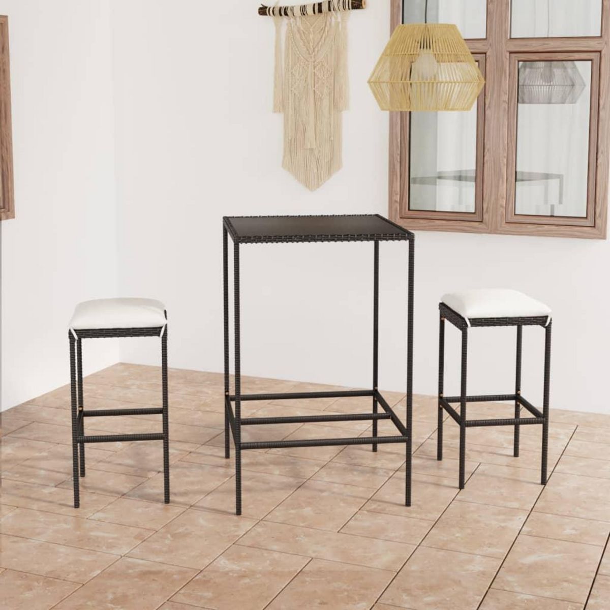 VIDAXL Ensemble de bar de jardin 3 pcs et coussins Resine tressee Noir
