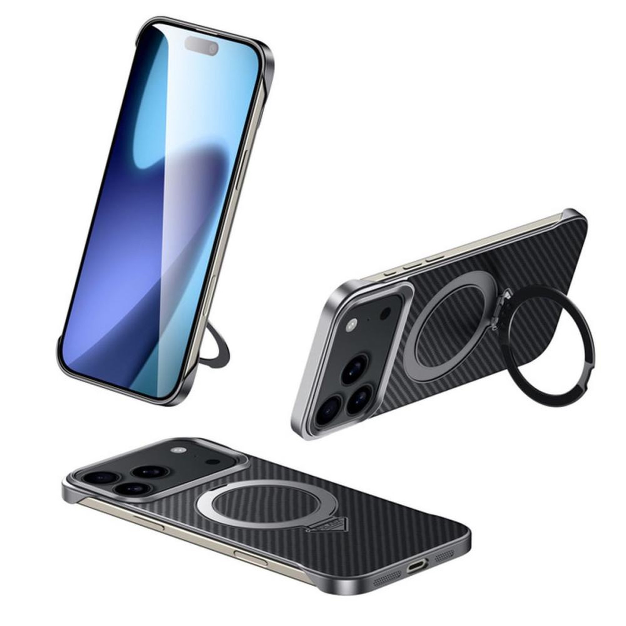 coque magnétique cuir avec support intégré pour iPhone 17 Pro Max, texture carbone, noir