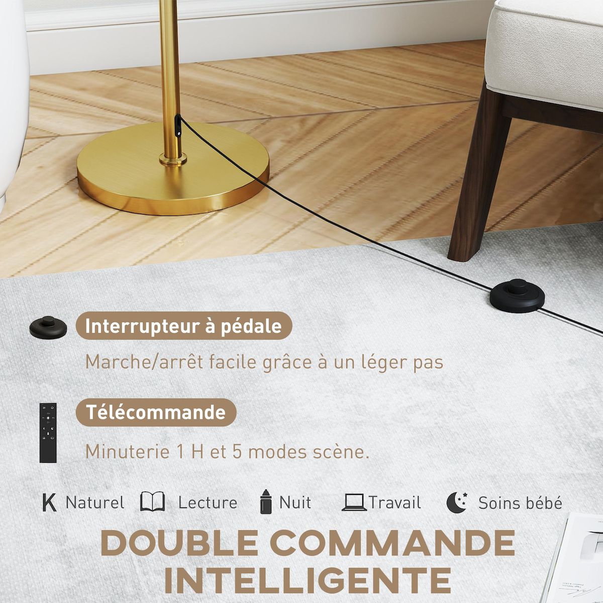 HOMCOM Lampadaire style néo-rétro métal doré abat jour lin beige H.133-168 cm réglable avec télécommande