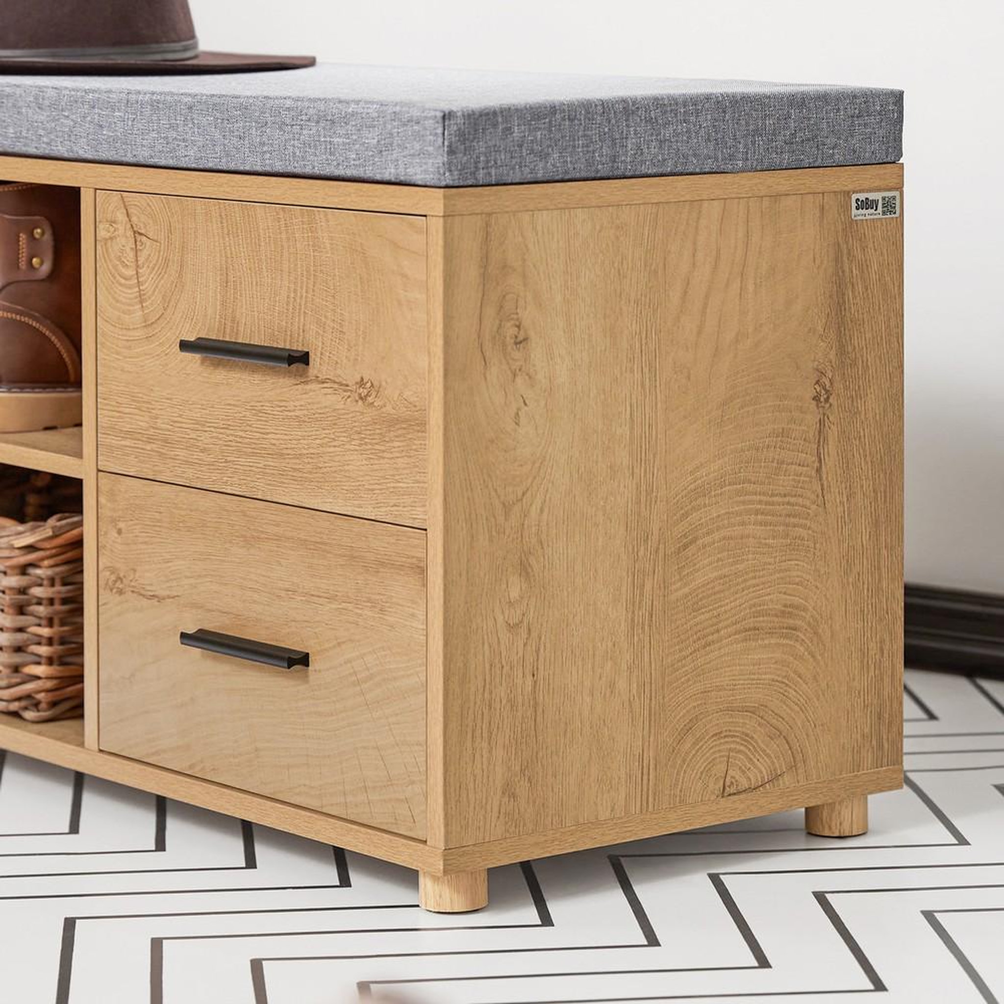 Voir la diapositive 6 : SOBUY SoBuy - Banc de rangement à chaussures avec 2 tiroirs - Chêne Clair - 110x35x47cm - FSR148-N
