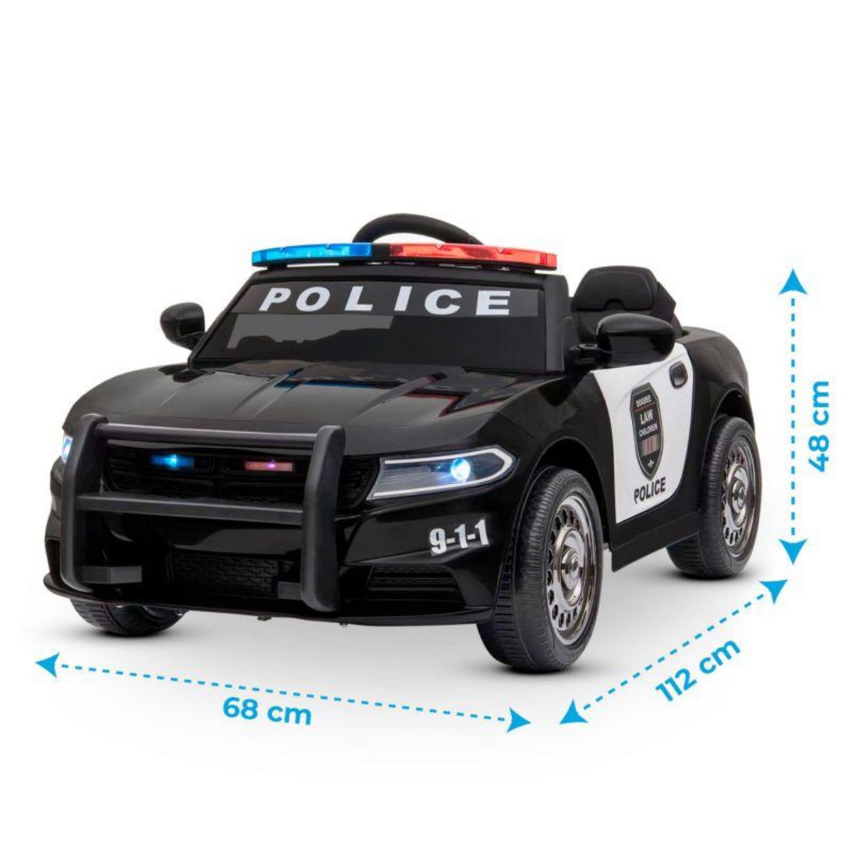 PLAY4FUN Voiture de police électrique 2x 30W - marche AV/AR, Gyrophares et Mégaphone