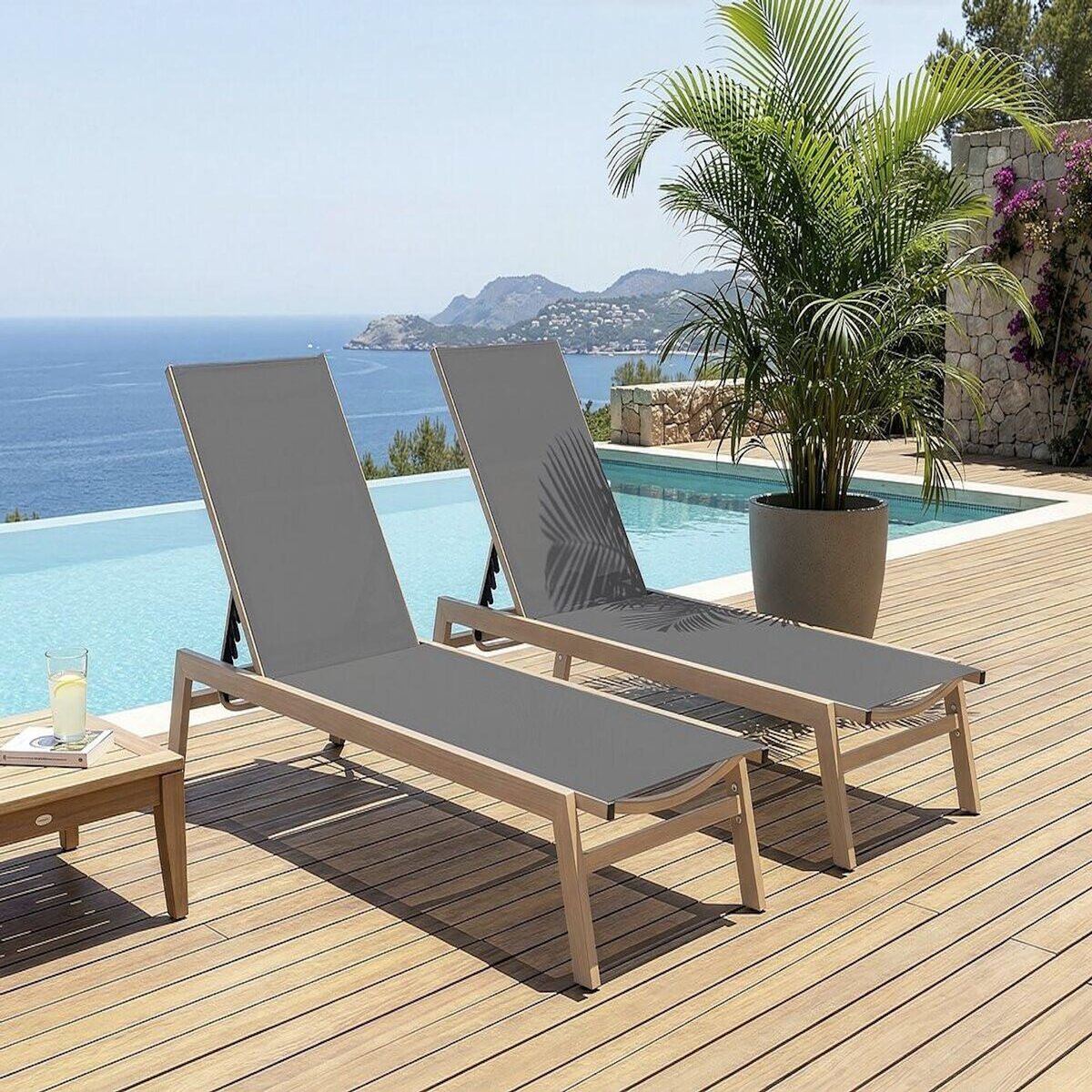 Habitat et Jardin Lot de 2 bains de soleil en aluminium imitation bois  Elysia  - Gris