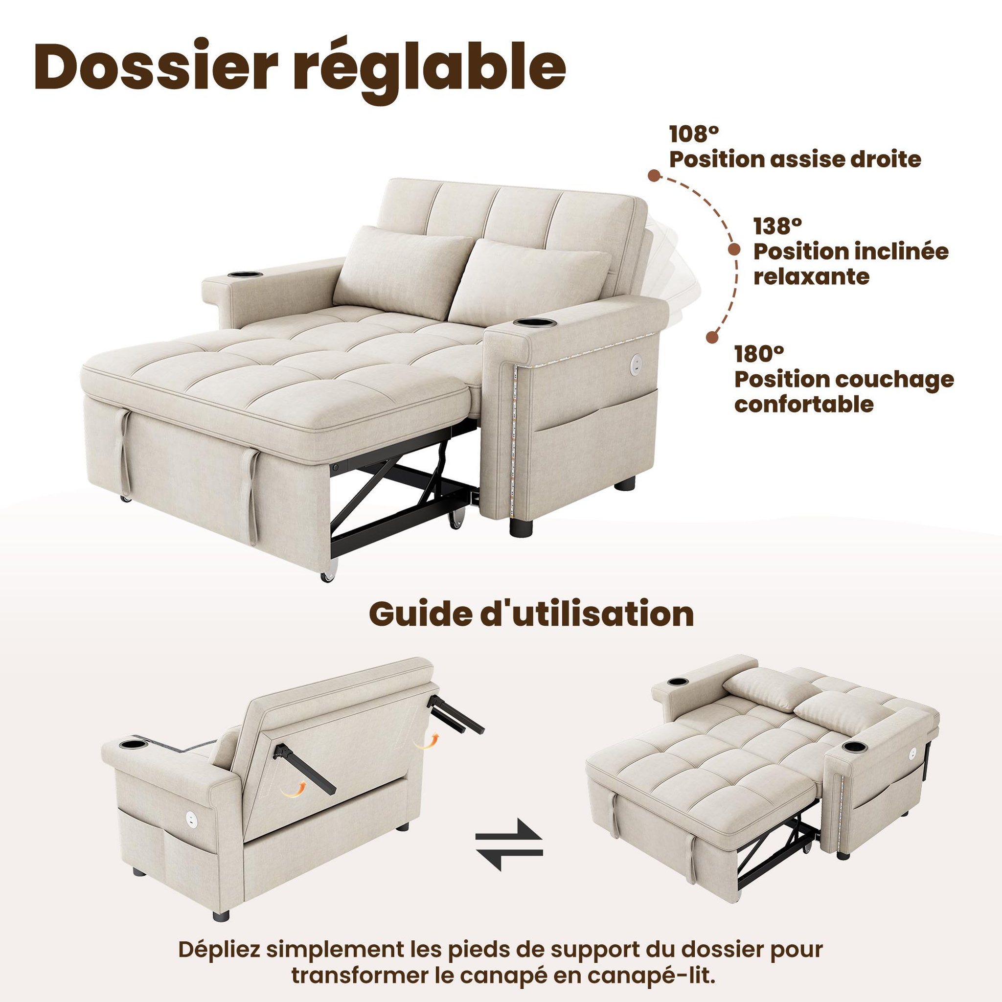 Voir la diapositive 5 : MERAX Canapé convertible 2 places avec dossier réglable et ports usb type-c tissu chenille