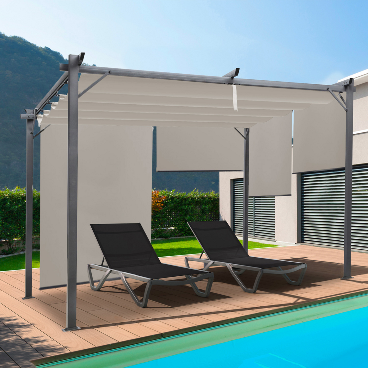 ID MARKET Pergola édition spéciale toit rétractable 3x4 M et 4 stores taupe
