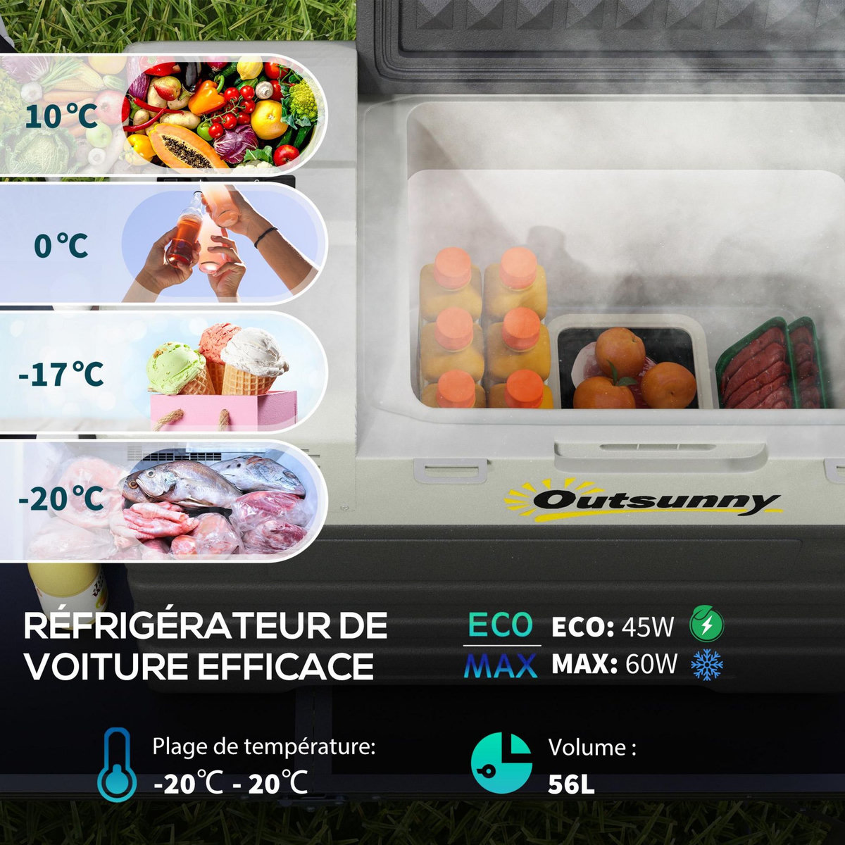 OUTSUNNY Glacière électrique voiture à compression 56L - réfrigérateur voiture congélateur 12/24V 60W max 2 modes gris noir