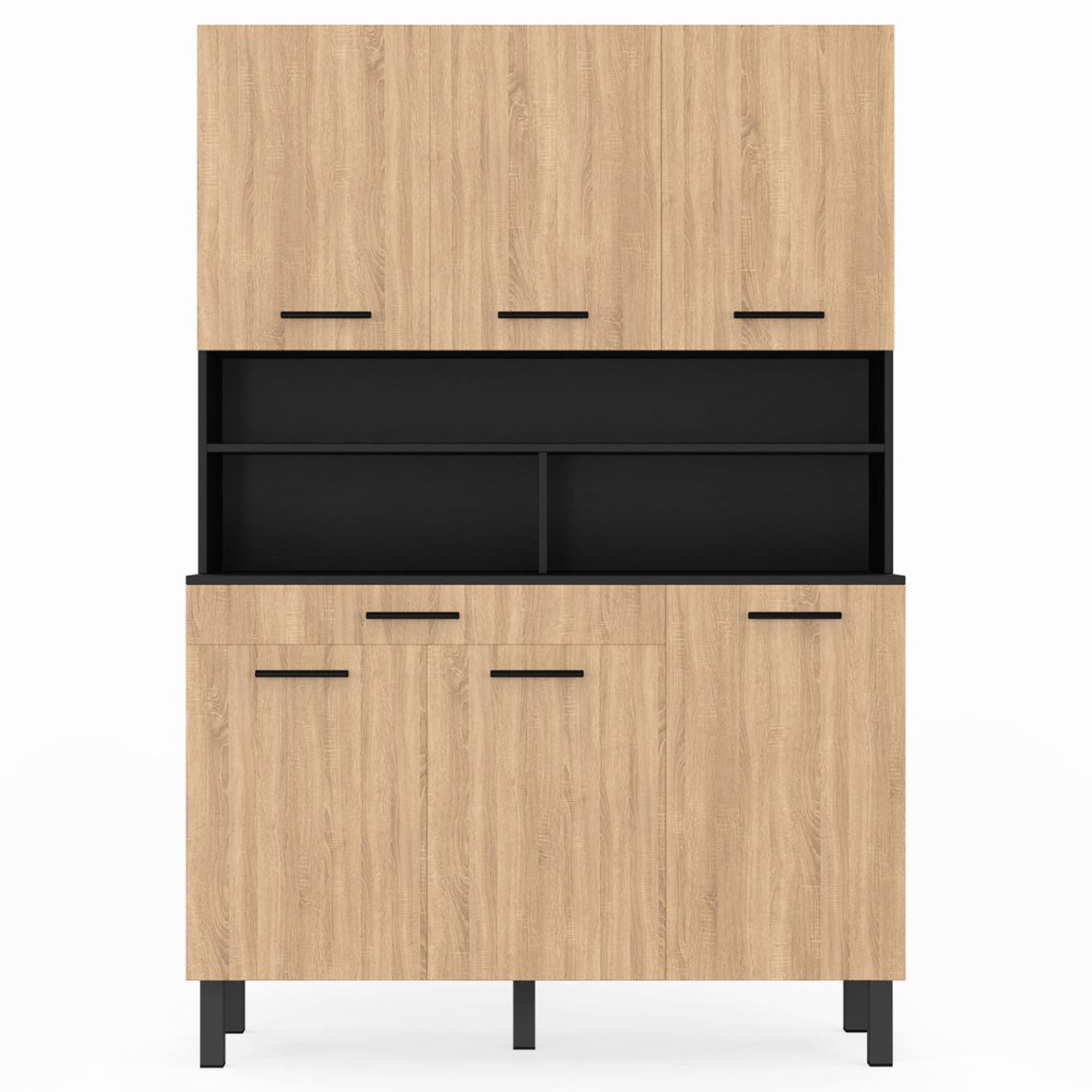 Voir la diapositive 3 : ID MARKET Buffet de cuisine 120 cm cina 6 portes + tiroir noir et façon hêtre