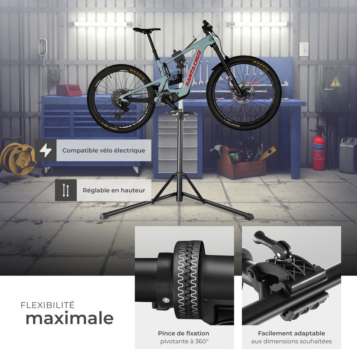 tectake Support de réparation pour vélo poids supporté 50 kg pliable avec fermetures rapides gris/noir