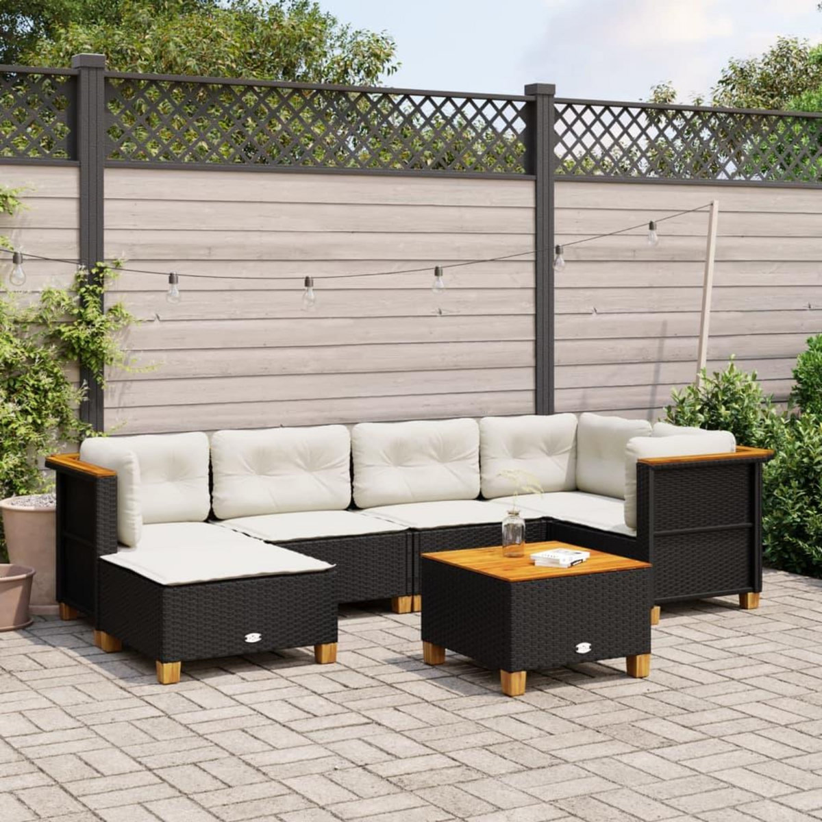 VIDAXL Salon de jardin 7 pcs avec coussins noir resine tressee