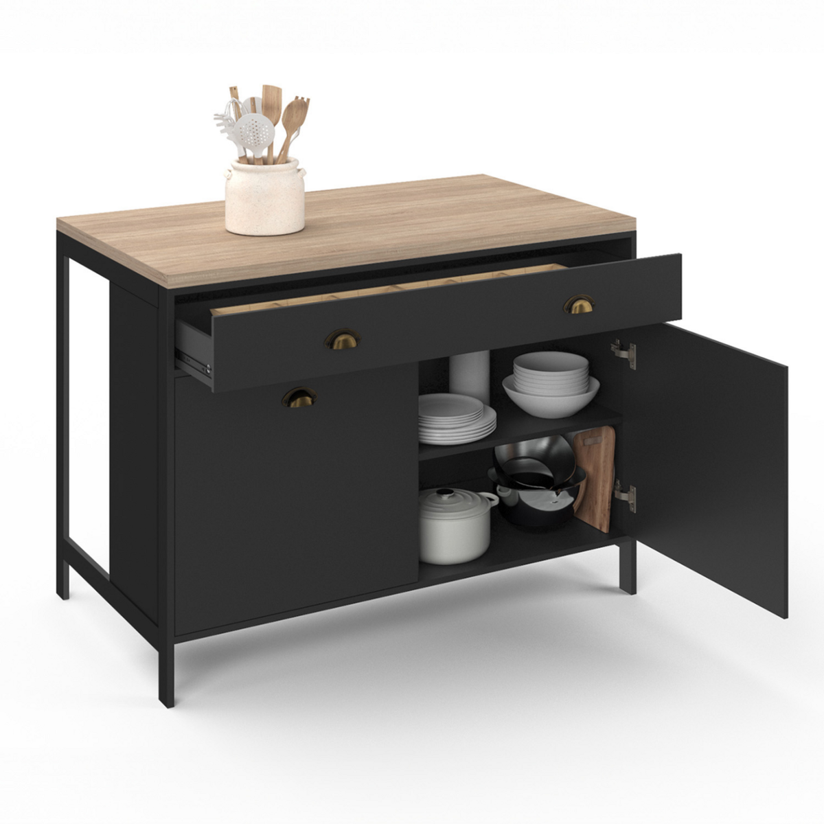 ID MARKET Ilot central 120 cm campagne ISIS plateau bois façon hêtre et noir