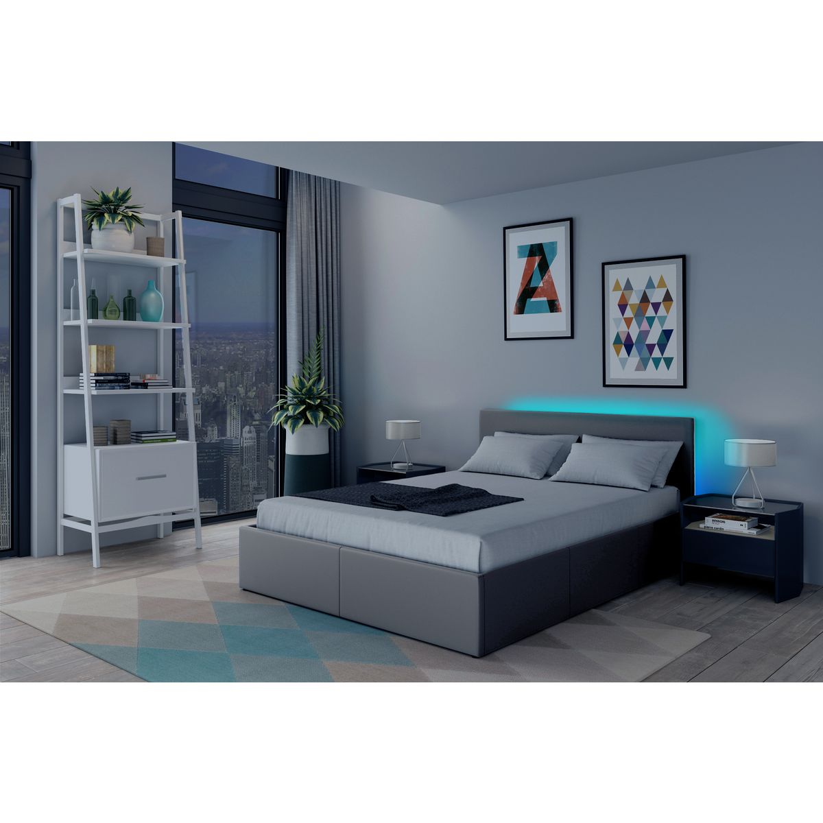 Lit coffre 160x200cm avec sommier à lattes et tête de lit LED WILLOW