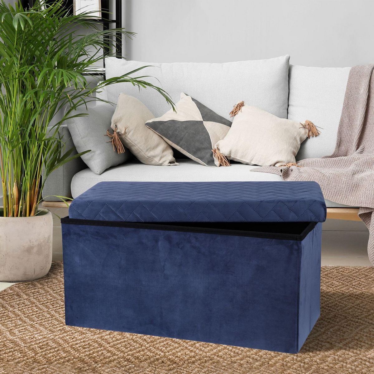 TOILINUX Banc de rangement pliable Kube en velours - Bleu