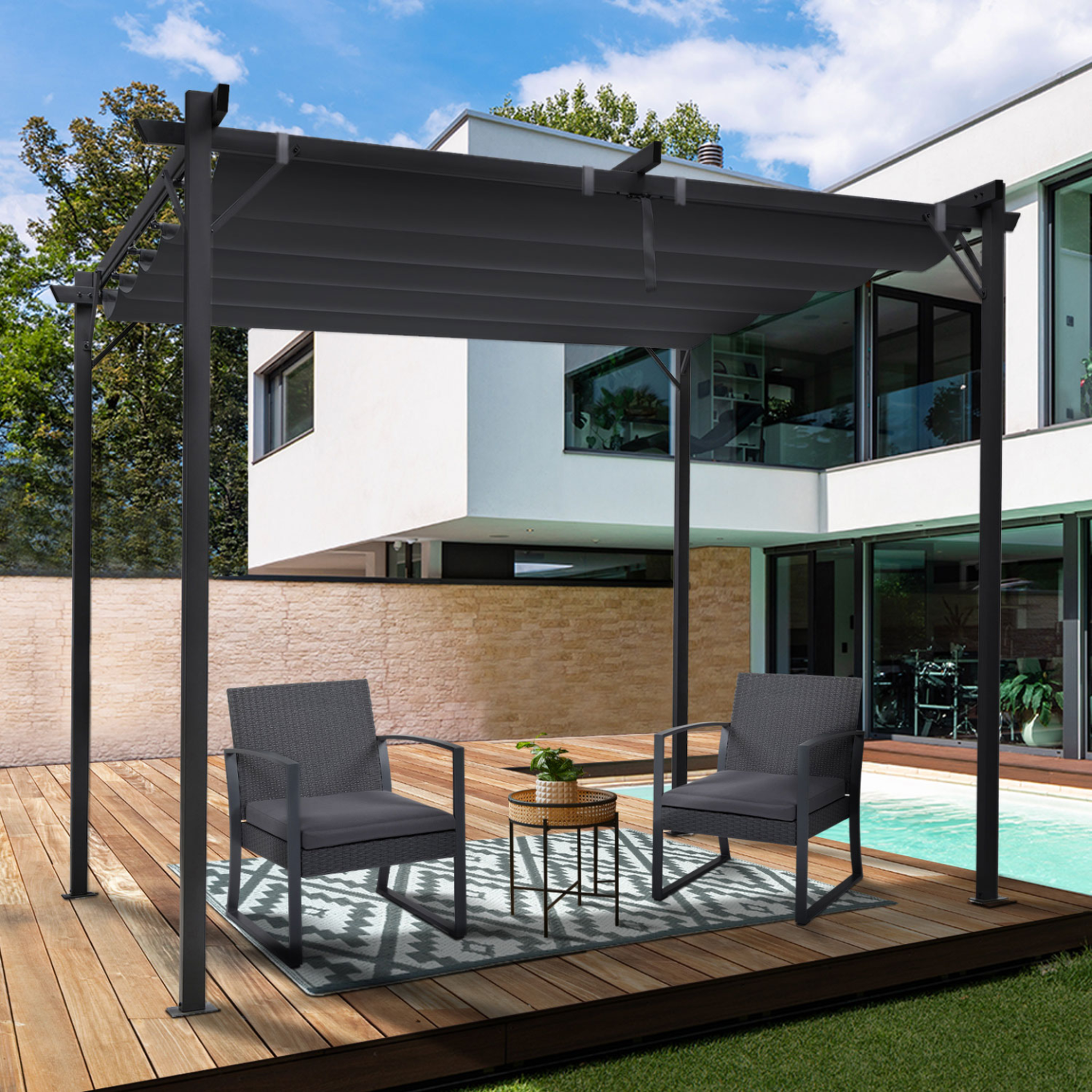 Voir la diapositive 3 : ID MARKET Pergola édition spéciale toit rétractable 3x3 m et 4 stores gris anthracite