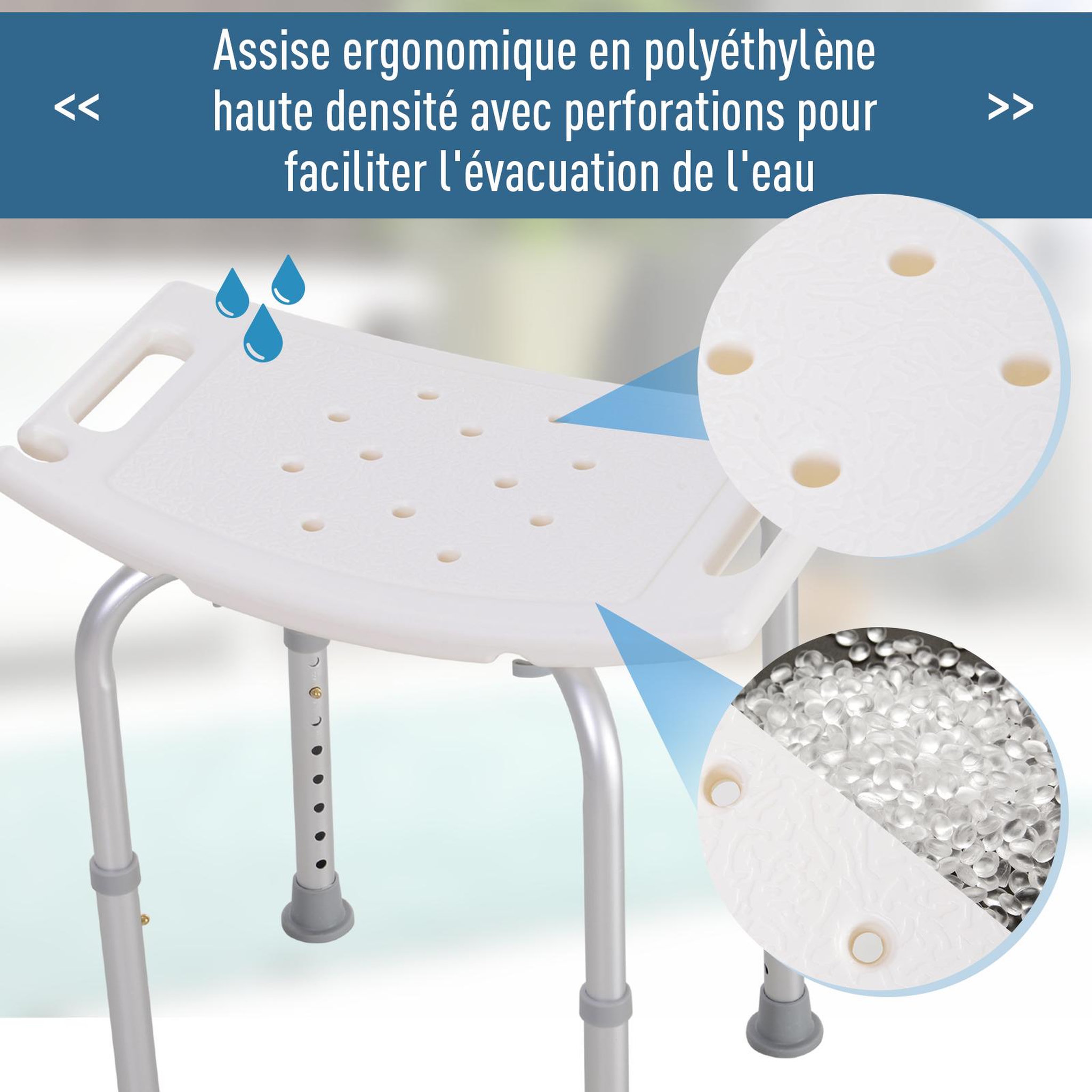 Voir la diapositive 5 : HOMCOM Siège de douche réglable en hauteur tabouret de douche ergonomique pieds antidérapants charge max. 136 kg alu hdpe blanc