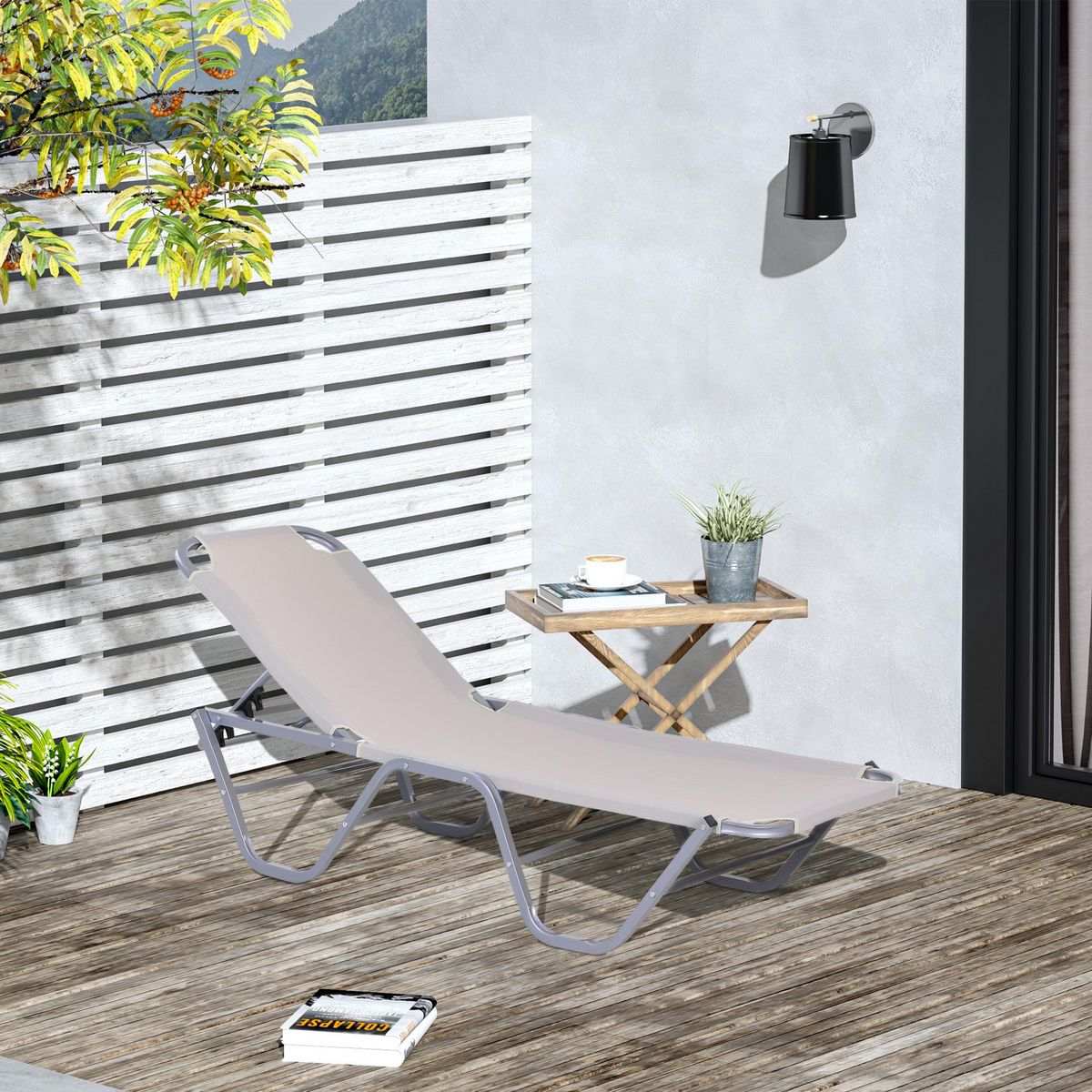 OUTSUNNY Bain de soleil transat design contemporain dossier inclinable multi-positions alu textilène crème