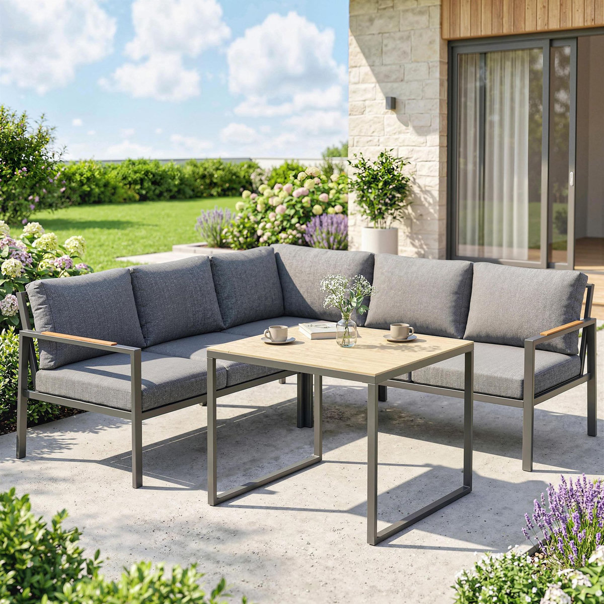OUTSUNNY Salon de jardin 3 pièces 5 personnes gris foncé