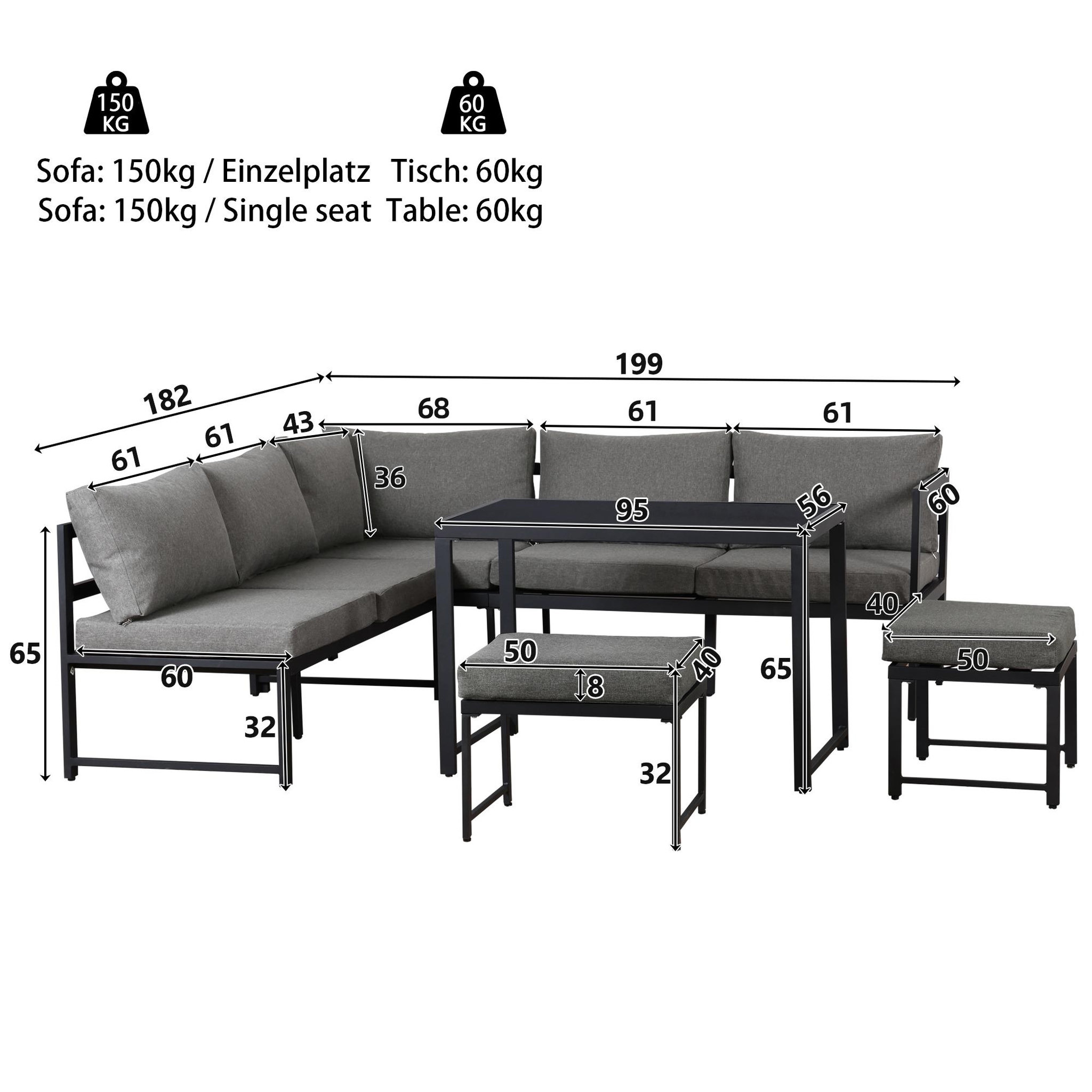 Voir la diapositive 3 : MERAX Salon de jardin 7 places en aluminium avec 1 canapé 3p, 1 canapé 2p, 2 poufs, table, coussins, gris