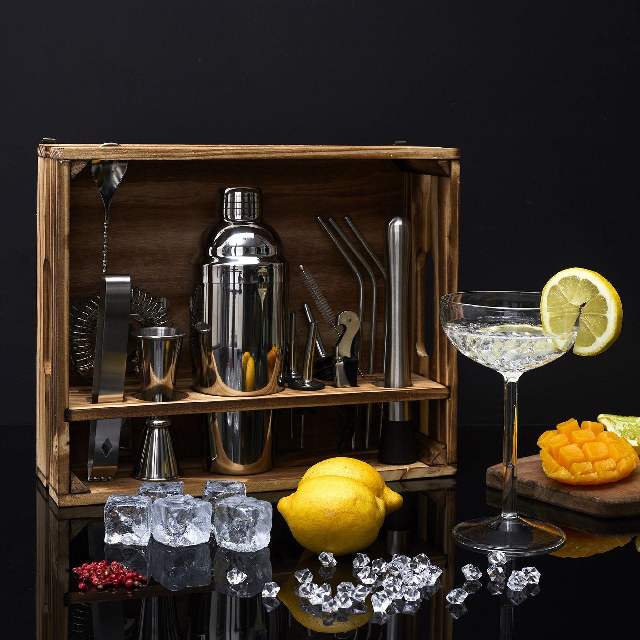 Voir la diapositive 2 : TOILINUX Set à cocktail avec 15 accessoires en acier inoxydable et un support en bois de pin