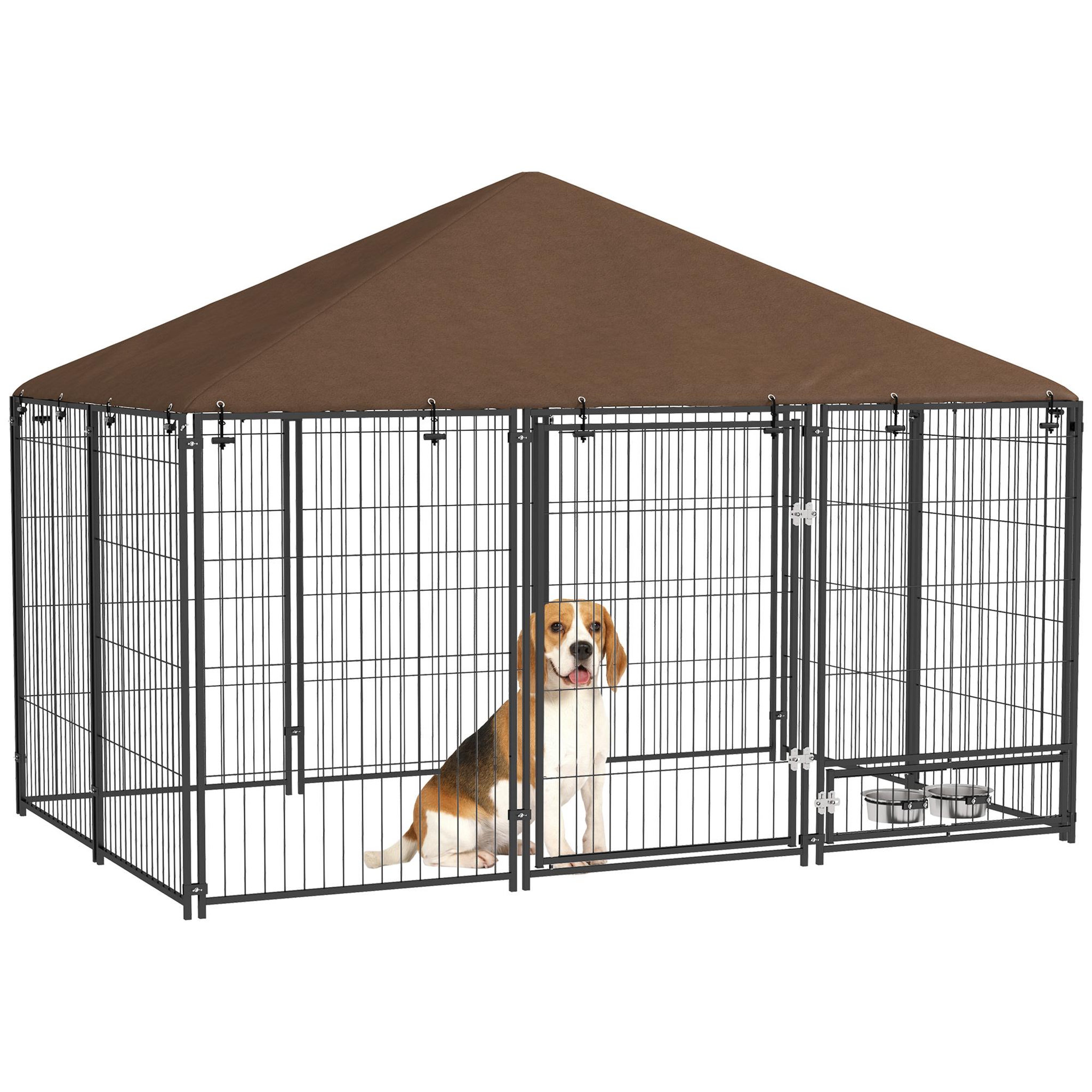 Voir la diapositive 1 : PAWHUT Chenil extérieur couvert pour chien 2 supports gamelles rotatifs porte verouillable acier noir