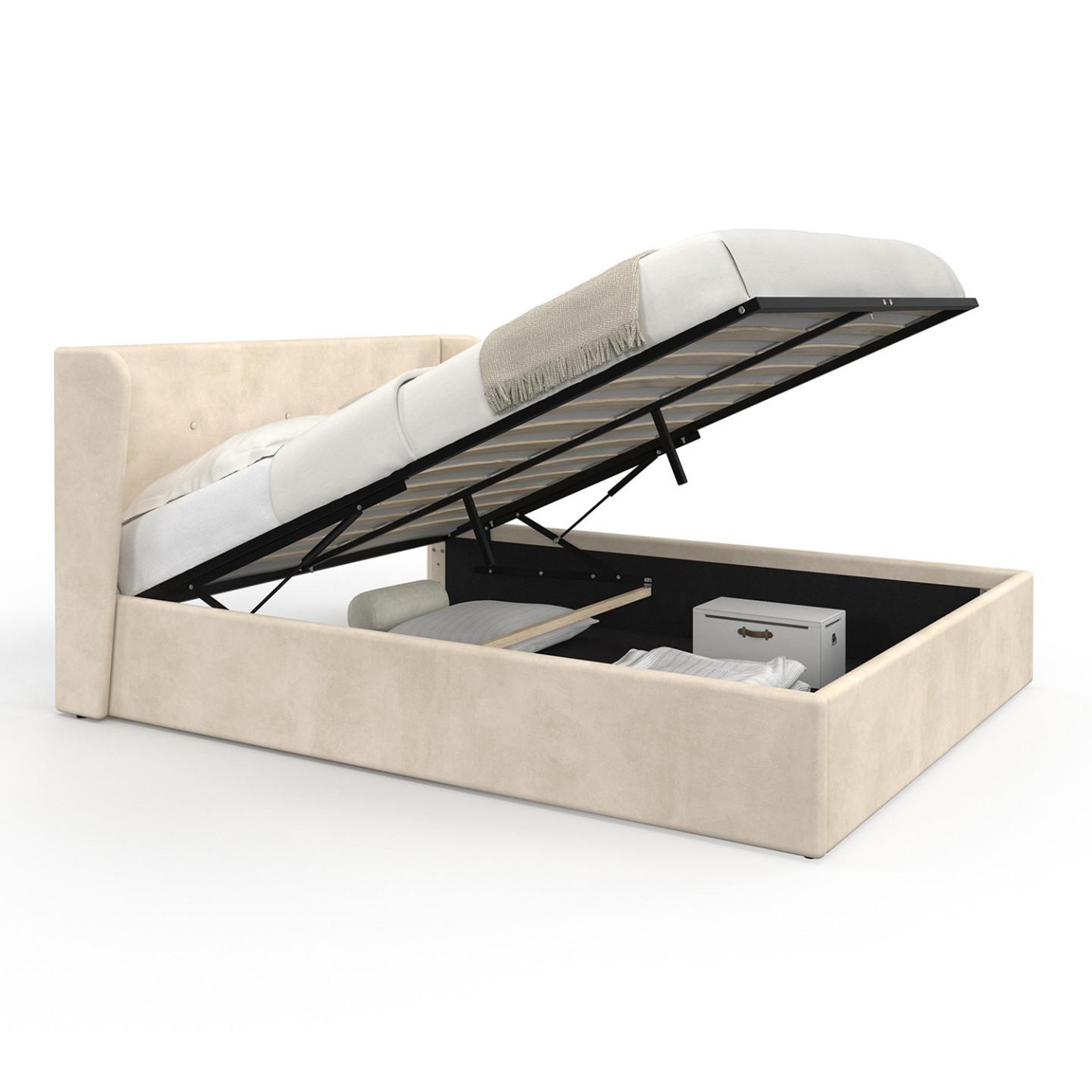 ID MARKET Lit coffre double orea avec tête de lit enveloppante et sommier 140 x 190 cm velours beige