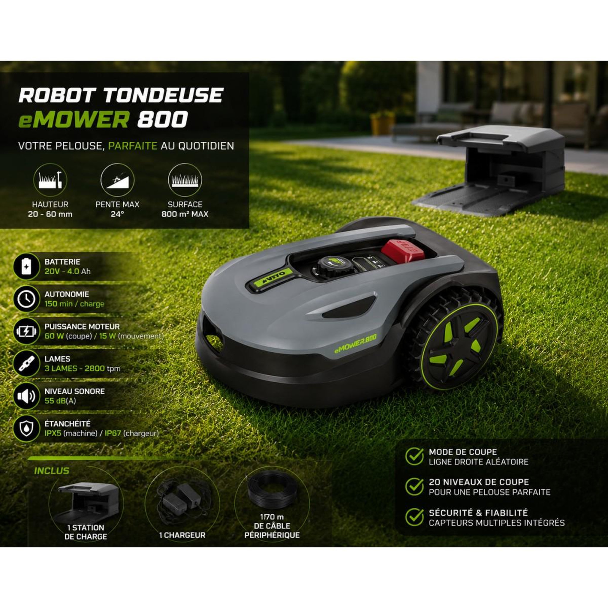 Voir la diapositive 2 : VITO Robot Tondeuse sans fil 800m2 Brushless 3 Lames Coupe 180mm Retour station automatique Mulching VITO
