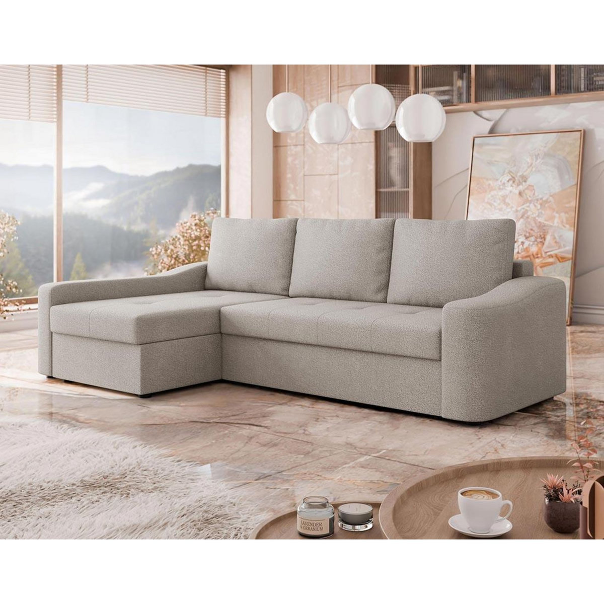 BEST MOBILIER Claudia - canapé d'angle gauche 4 places convertible avec coffre en tissu texturé