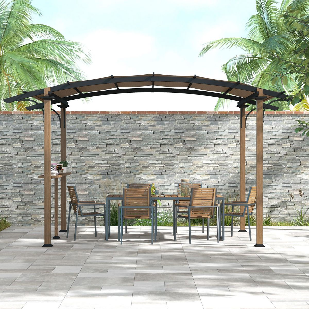 OUTSUNNY Pergola avec comptoir toit arche alu acier aspect bois noir toile grège