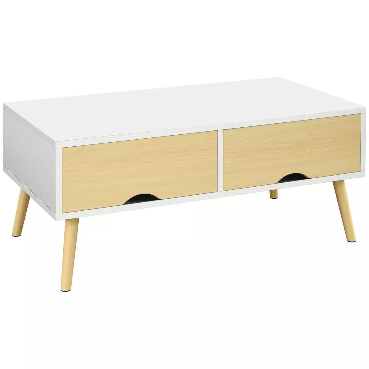HOMCOM Table basse rectangulaire design scandinave 2 tiroirs coulissants grande niche piètement bois pin blanc aspect bois clair