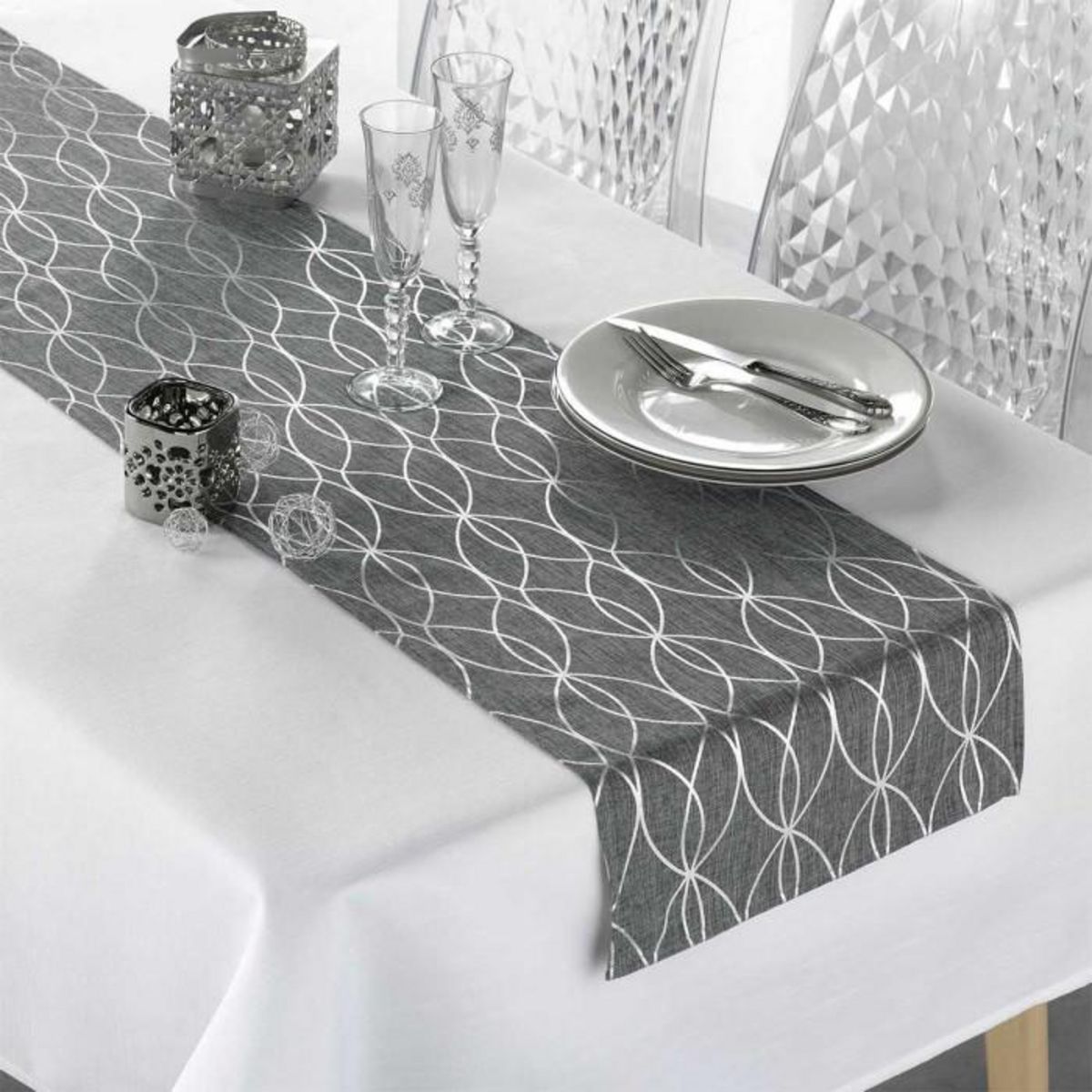 Paris Prix Nappe & Chemin de Table  Elipsa  140x250cm Gris & Argent