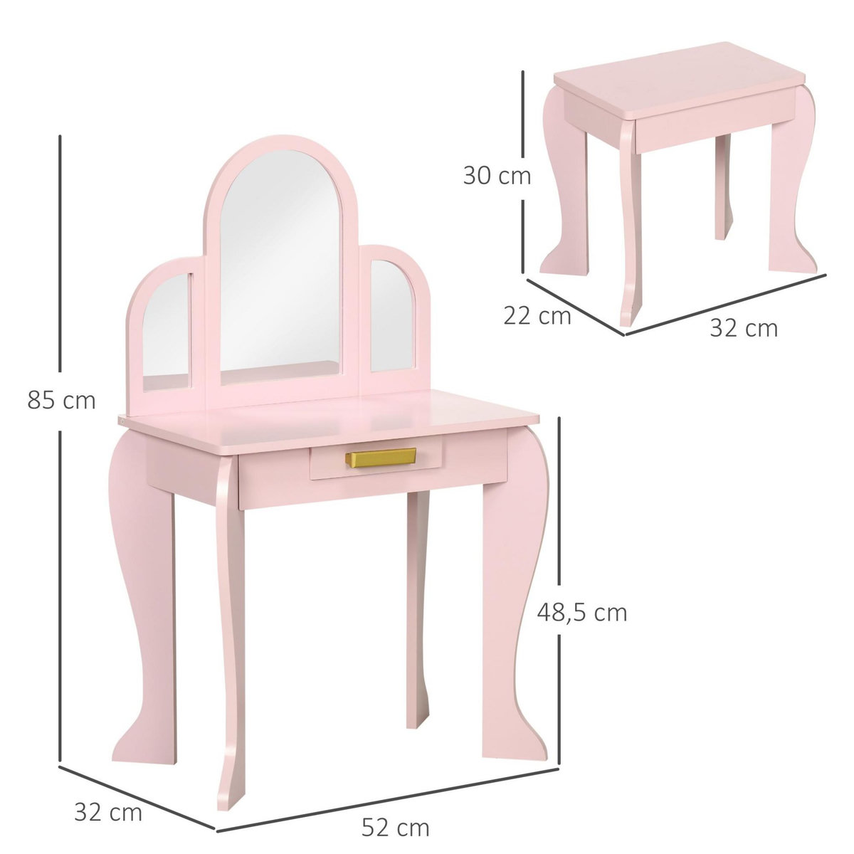 HOMCOM Coiffeuse enfant design girly - tabouret inclus - dim. 52L x 32l x 85H cm - tiroir, 3 miroirs - MDF bois de pin - rose poudré