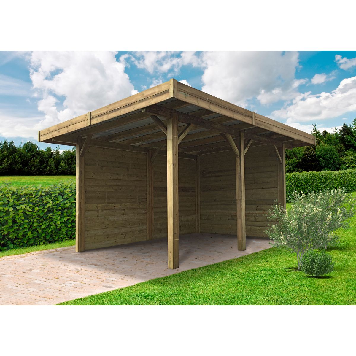 SOLID SUPERIA Carport toit plat avec parois - Bois traité en autoclave - 9,72 m² - ARUNDEL