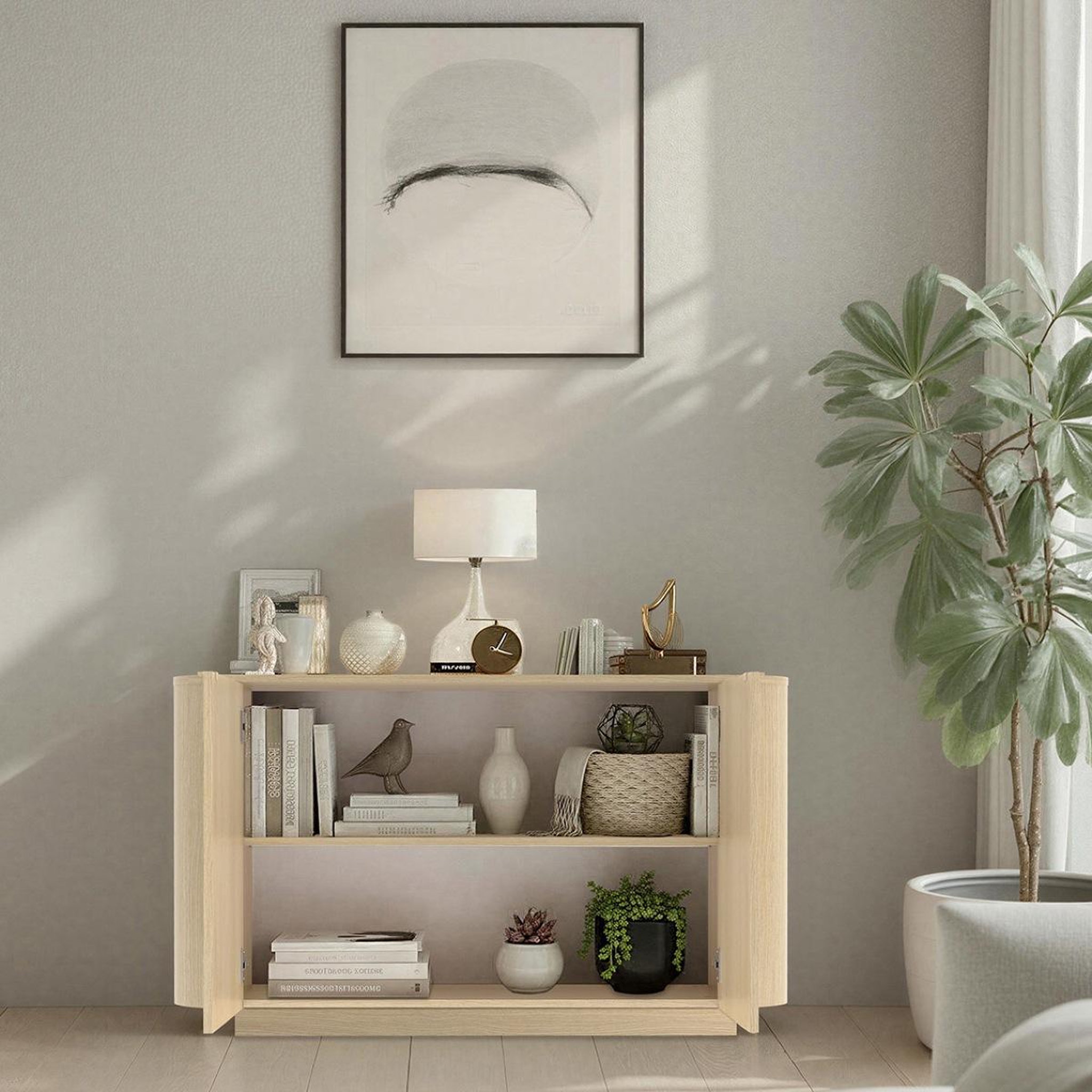 Voir la diapositive 4 : JLC KREATION Buffet bas arrondi 2 portes coloris chêne 130cm tika