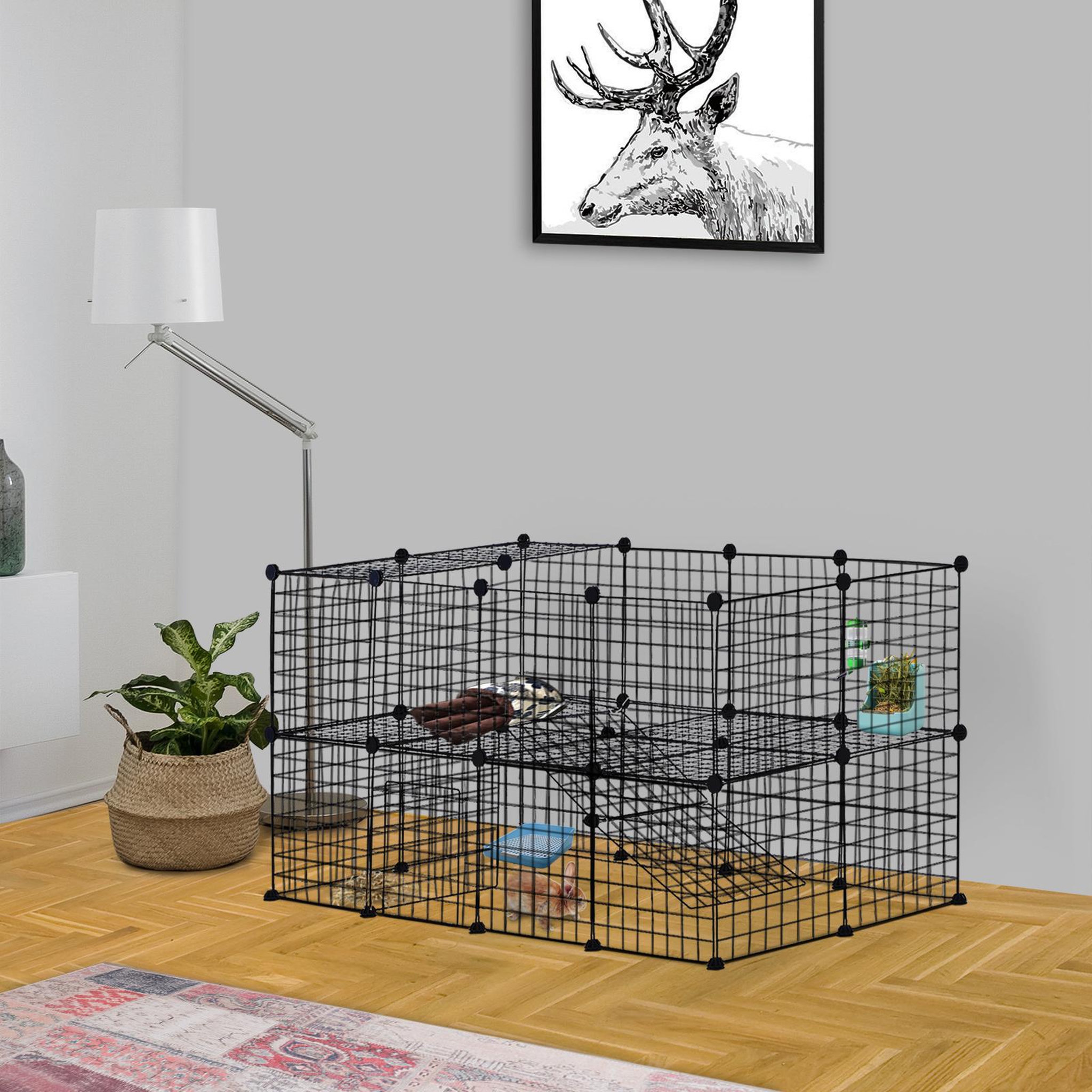 Voir la diapositive 2 : PAWHUT Cage parc enclos pour animaux domestiques l 146 x l 73 x h 73 cm modulable 2 niveaux 36 panneaux bords arrondis fil métallique noir