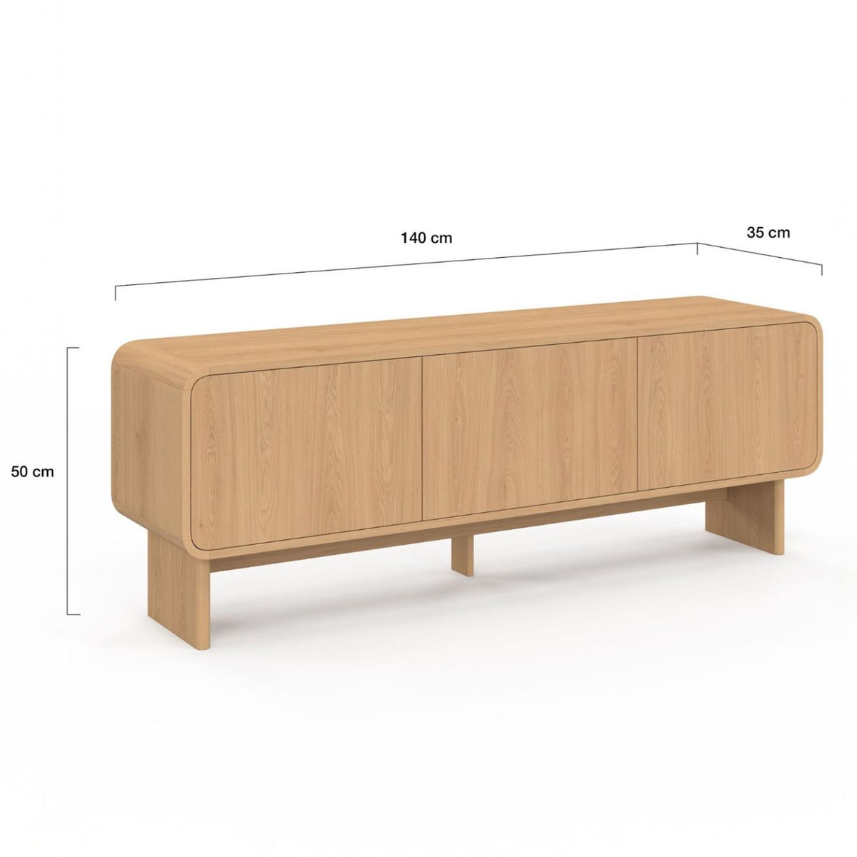 ID MARKET Meuble TV 140 cm CAPUCINE 3 portes façon hêtre design arrondi