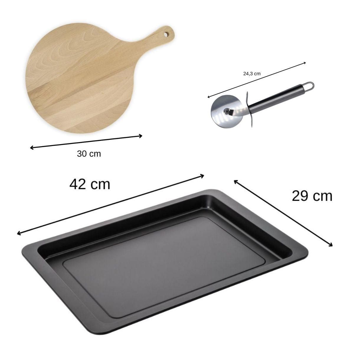 Fackelmann Ensemble pour pizza avec une plaque de cuisson four, 2 planches à pizza rondes et une roulette à pizza Fackelmann