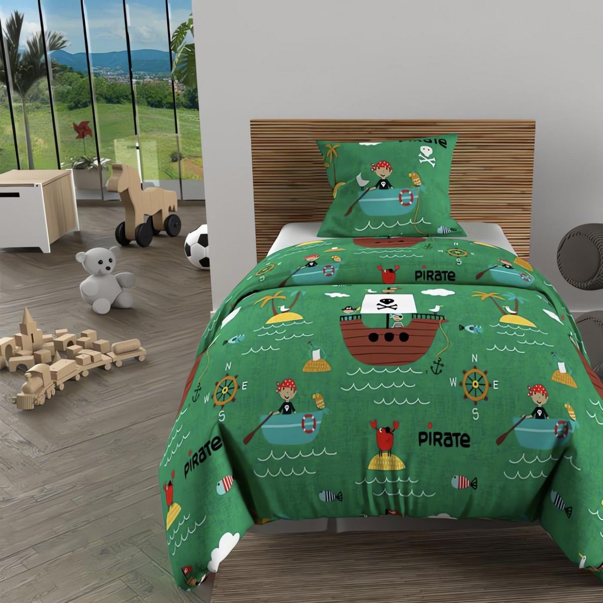 SOLEIL D'OCRE Ensemble couette et parure 5 Pièces PIRATES vert pour lit en 90x190 cm, par Soleil d'ocre