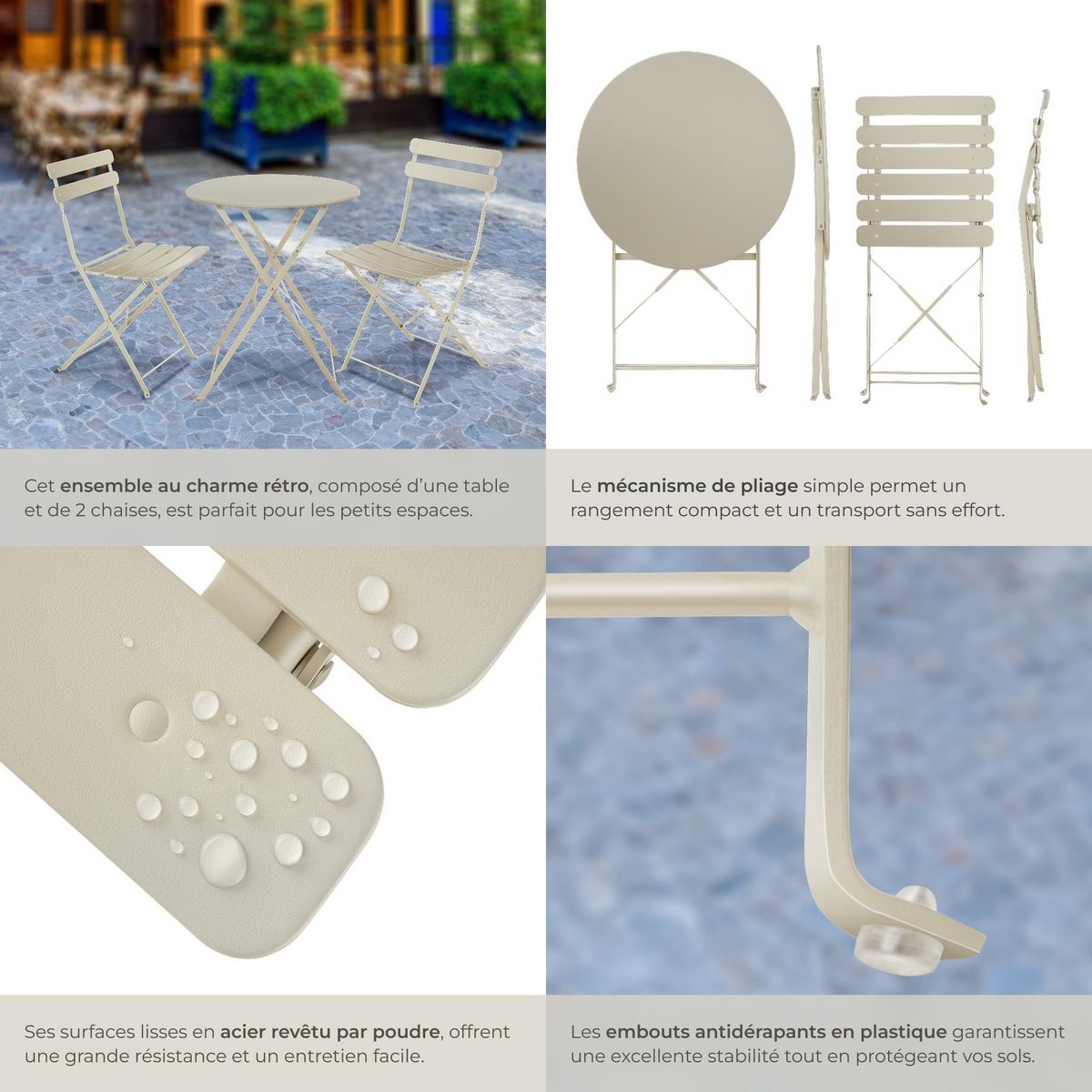 tectake Ensemble table et chaises bistrot pour 2 personnes crème