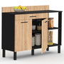 Voir la diapositive 4 : ID MARKET Buffet bas de cuisine 120 cm CINA plan de travail H.83 cm 2 portes + tiroir noir et façon hêtre
