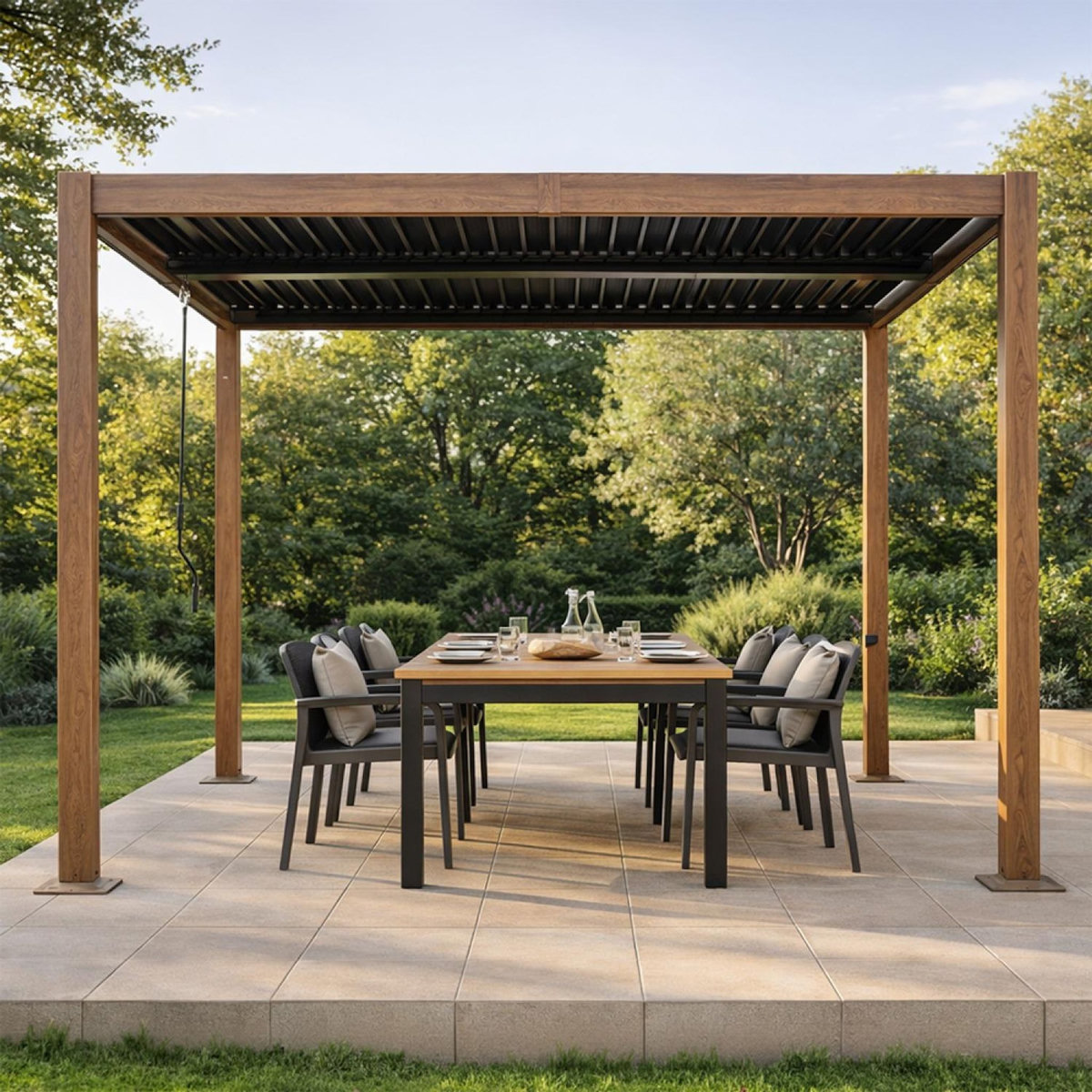 CONCEPT USINE Pergola bioclimatique effet bois structure et lames orientables en aluminium 3x3m RHODES