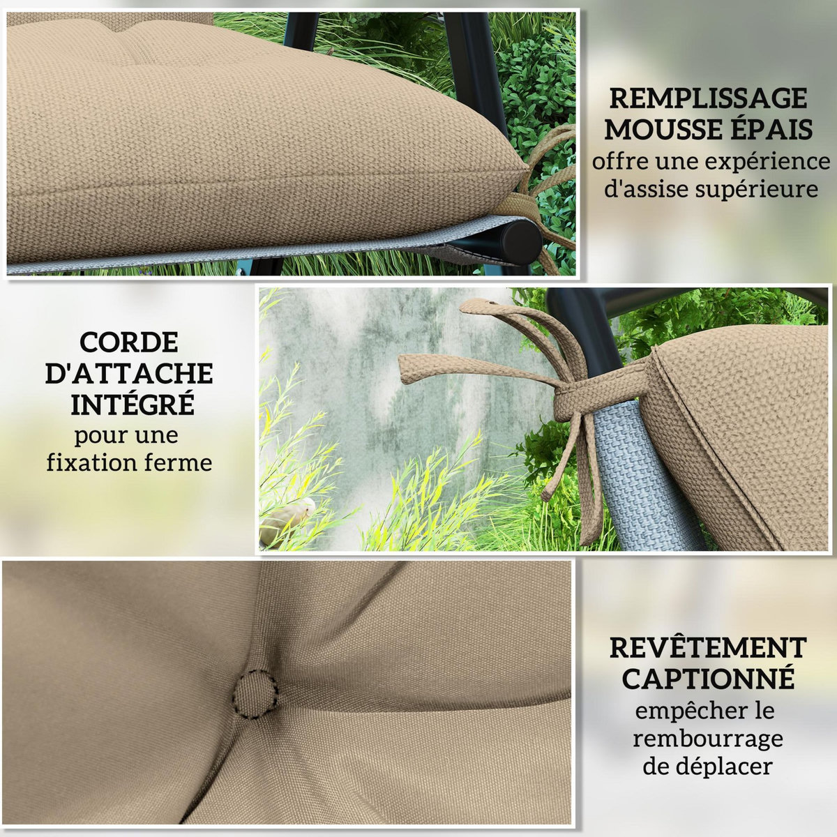 OUTSUNNY Lot de 2 coussins matelas assise dossier 2 en 1 pour chaise fauteuil grand confort 98L x 50l x 8H cm beige