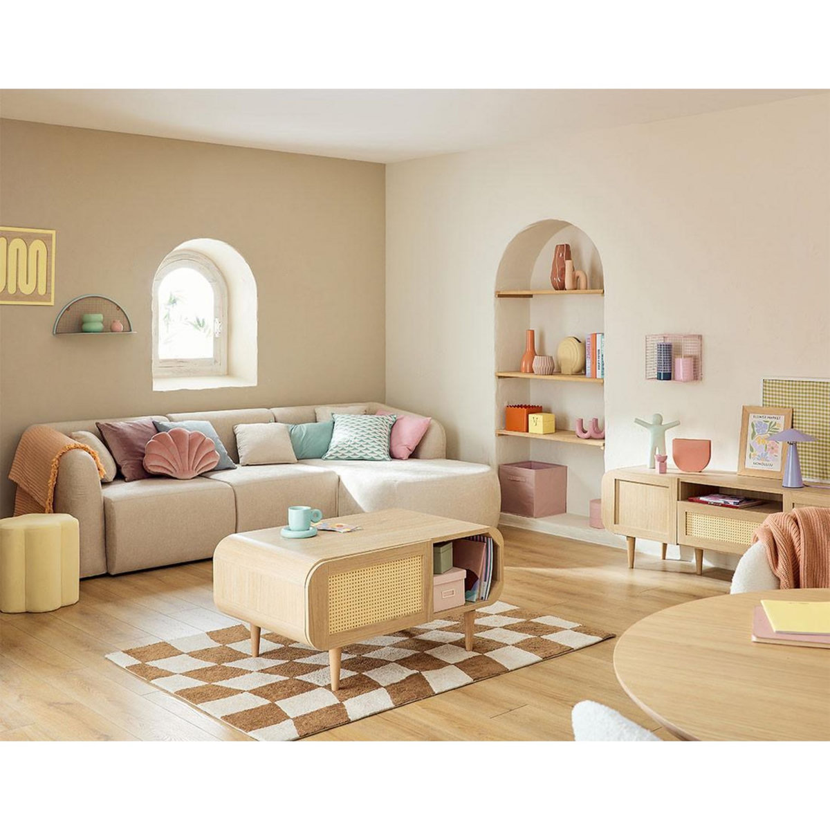 BEST MOBILIER Mathilde - table basse - effet bois et cannage - 1 niche - 100 cm