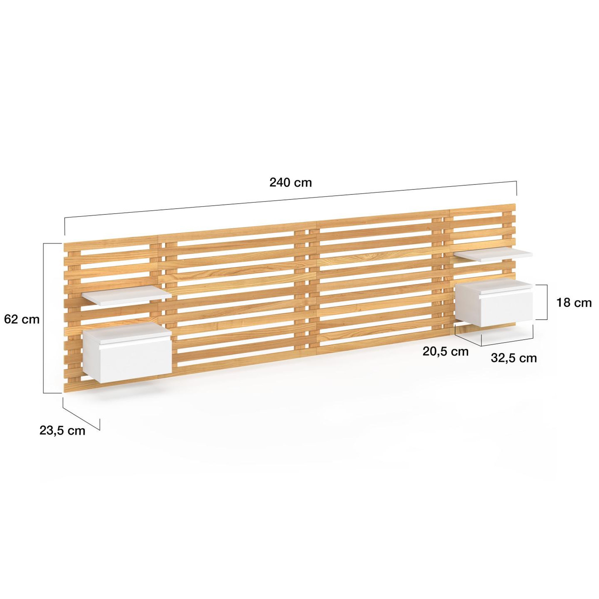 Voir la diapositive 4 : ID MARKET Tête de lit suspendue en lattes ava 240 cm avec chevets + tiroir façon bois et blanc