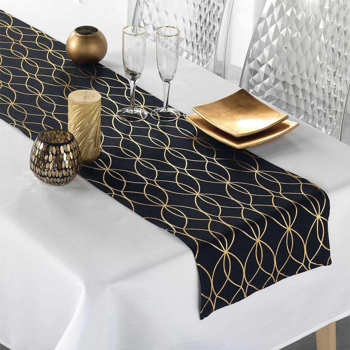 Paris Prix Nappe & Chemin de Table  Elipsa  140x250cm Blanc & Noir