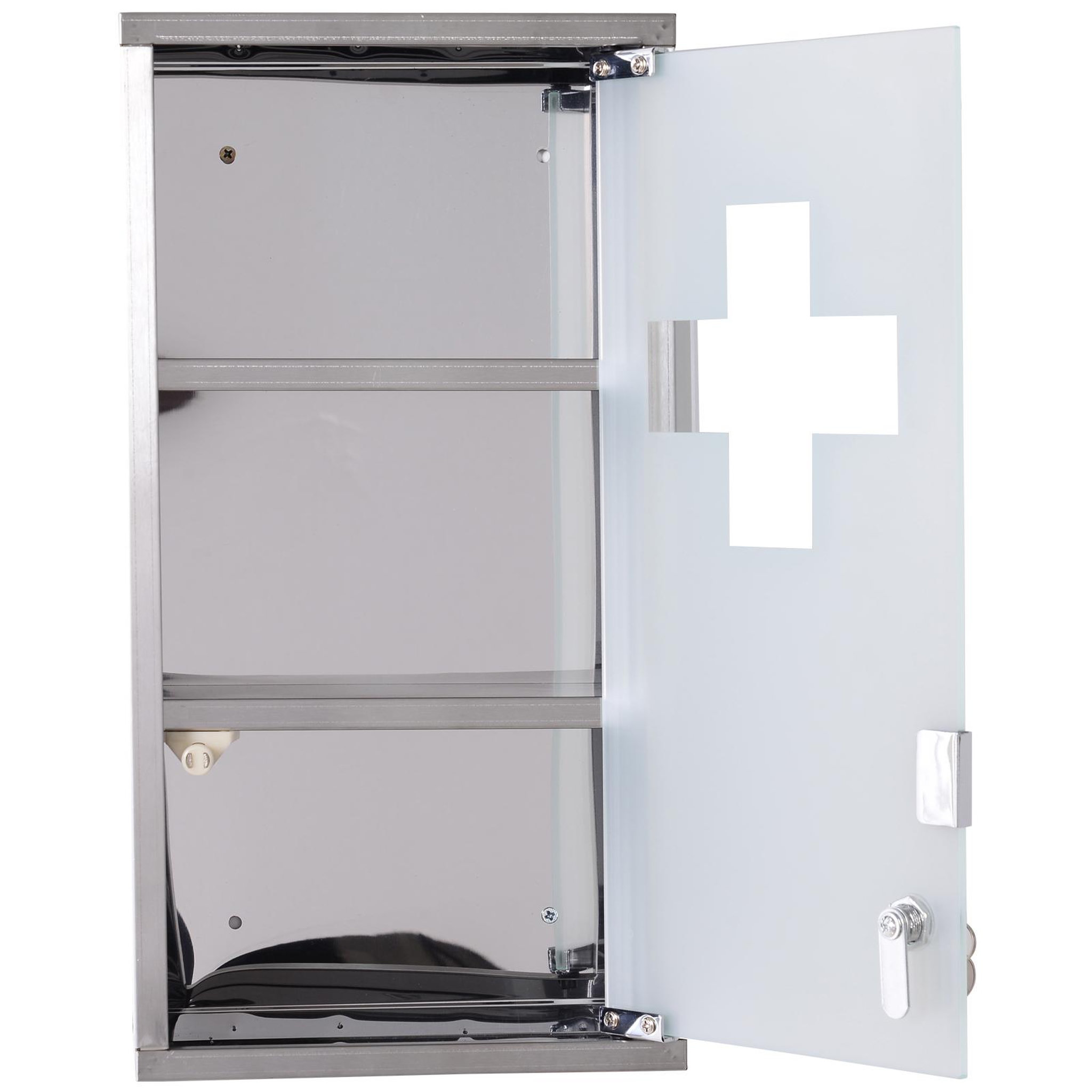 Voir la diapositive 4 : HOMCOM Armoire à pharmacie 2 étagères 3 niveaux verrouillable porte verre trempé dépoli logo croix 25l x 12l x 48h cm acier inox