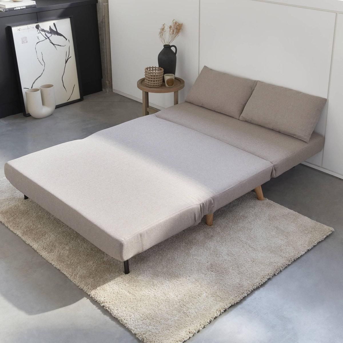 SWEEEK Canapé convertible en tissu - Guesta - 2 places scandinave. pieds bois foncé. beige. banquette. dossier inclinable