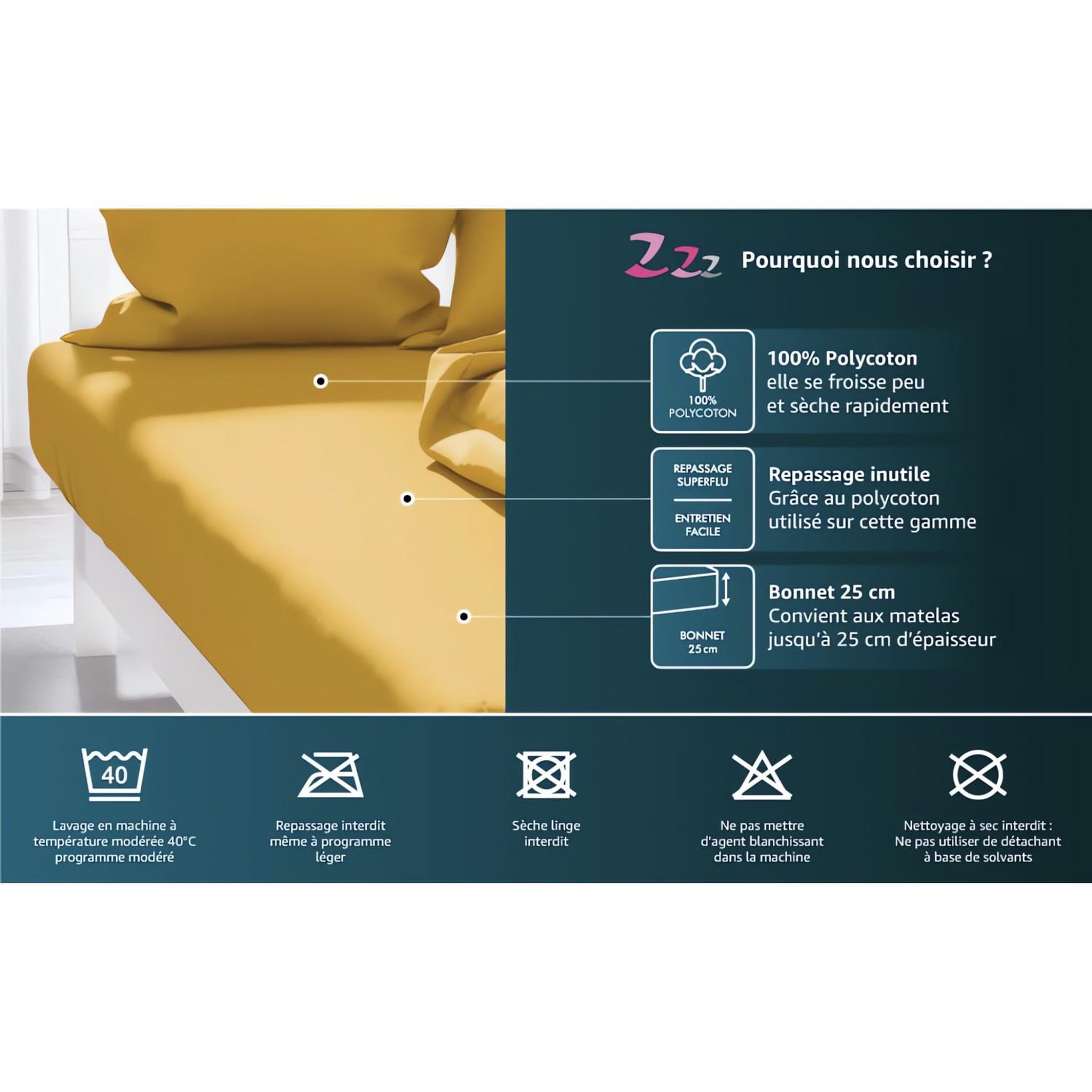 Voir la diapositive 4 : ZZZ Drap housse uni ZZZ en polycoton