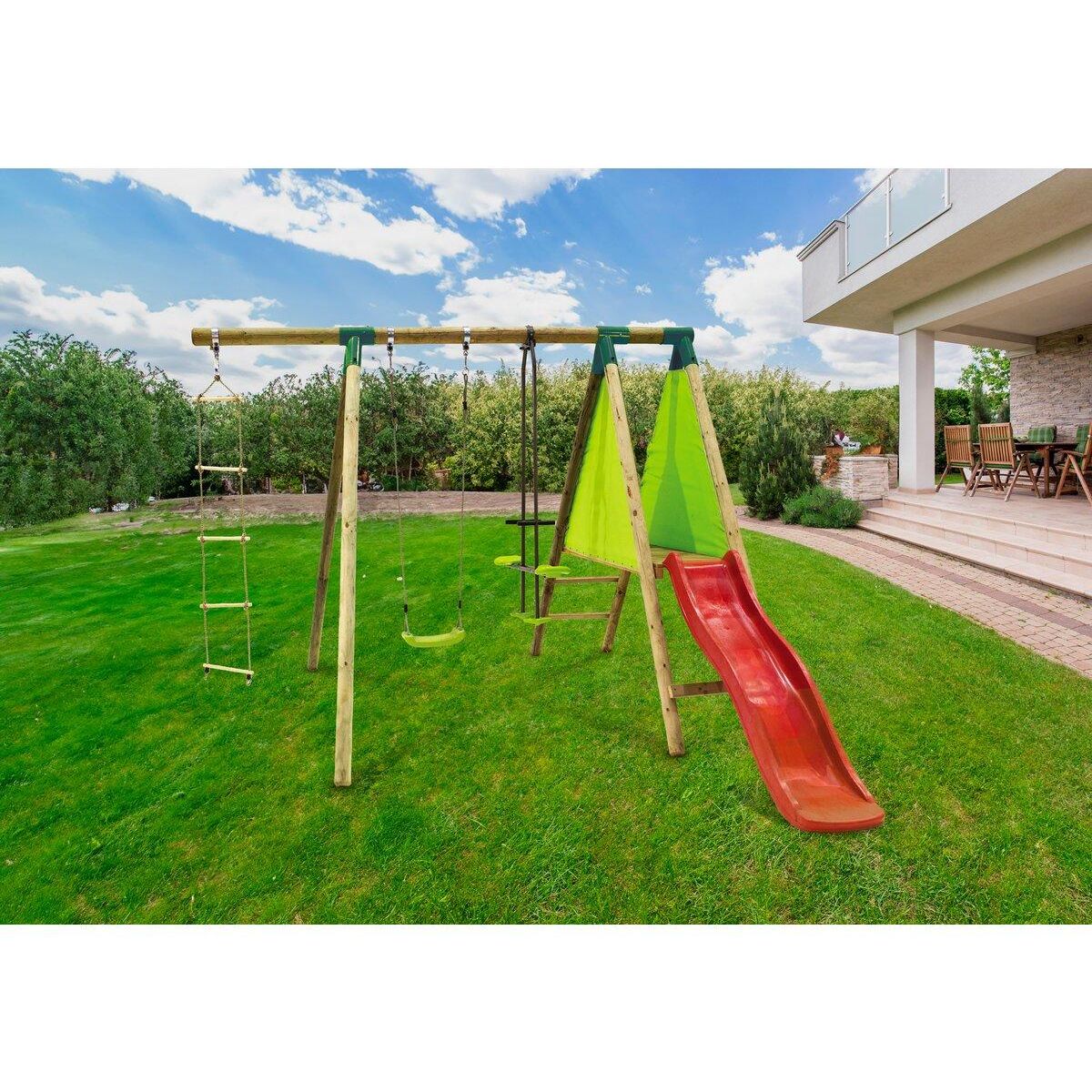 Habitat et Jardin Portique Bois  Kida  - Avec 1 Toboggan - 1 Balançoire - 1 Face à face - 1 Nacelle.