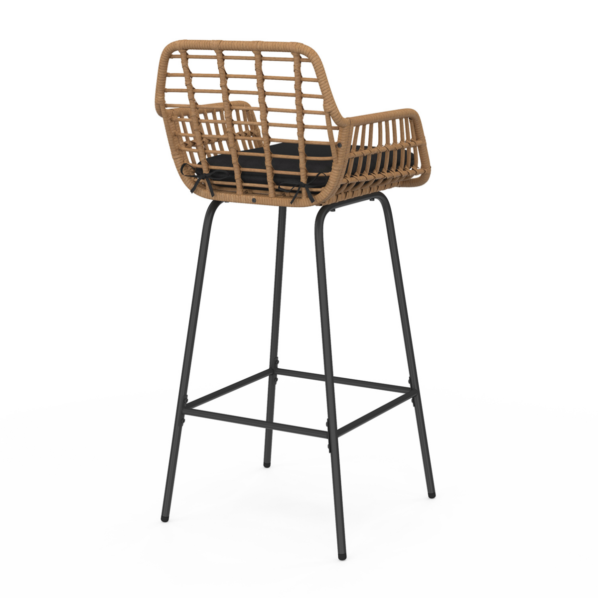ID MARKET Lot de 2 tabourets de bar SUMMER effet rotin beige pied metal noir avec accoudoirs