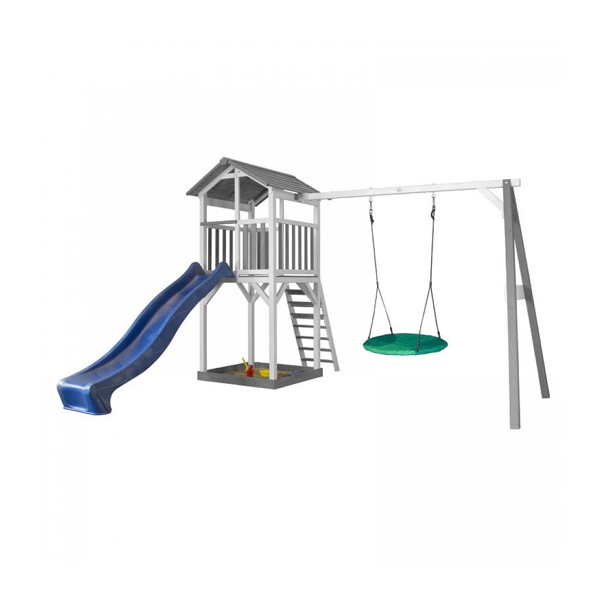 Axi House AXI Structure de jeu Beach Tower avec balancoire Nid rond Summer Gris Blanc avec Toboggan Bleu